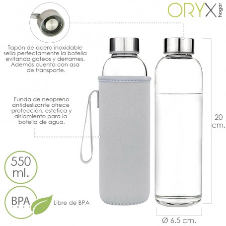 Botella Agua Cristal 550 ml Funda Neopreno con Asa Sin BPA