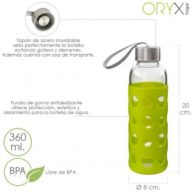 Botella Agua de Cristal Capacidad De 360 ML Libre BPA Con Funda Goma y Tapon Antigotas