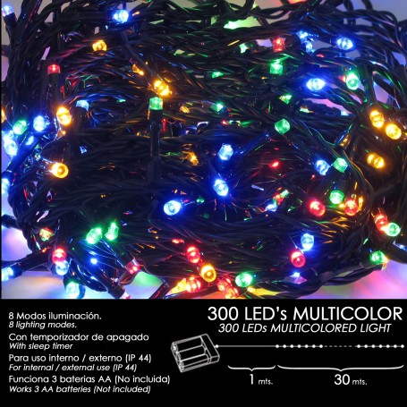 Luces Navidad A Pilas 300 Leds Multicolor InteriorExterior IP44
